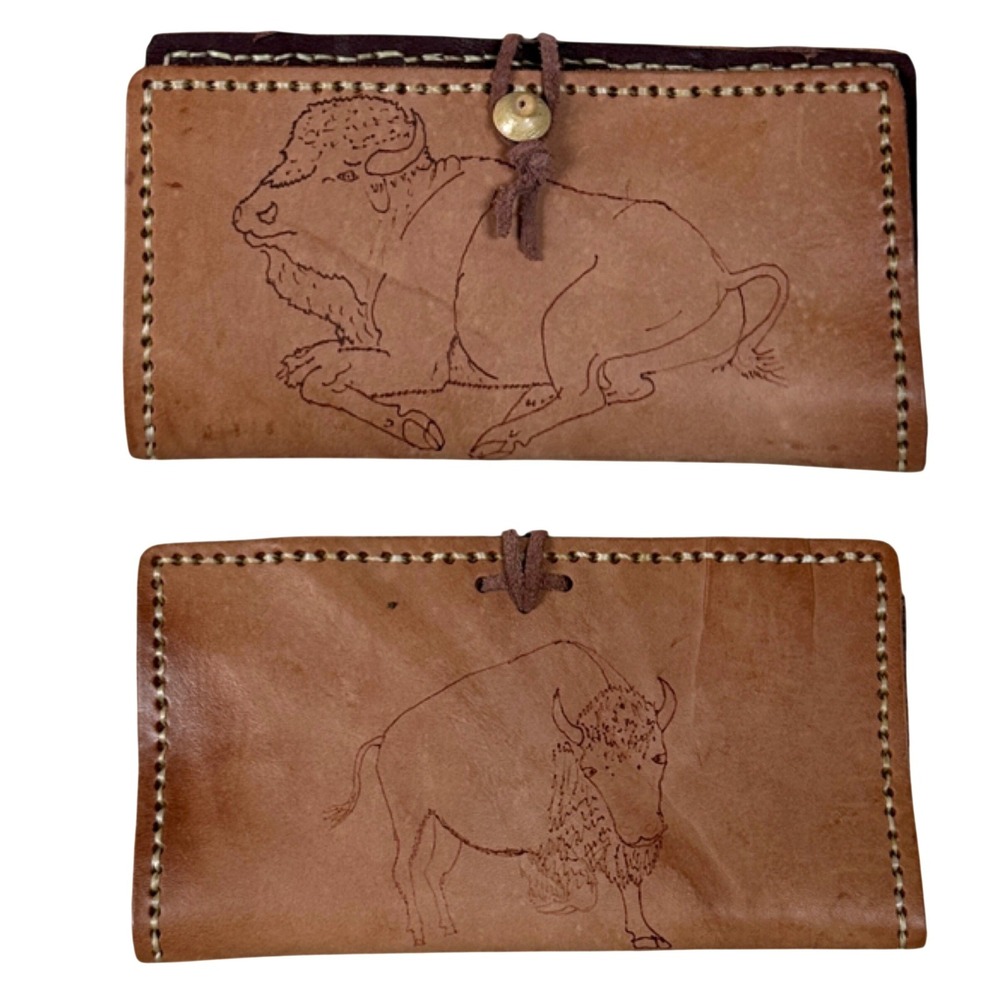 Handmade Leather Buffalo Bison Tooled Wallet Clutch Brown Tan Southwestern Style